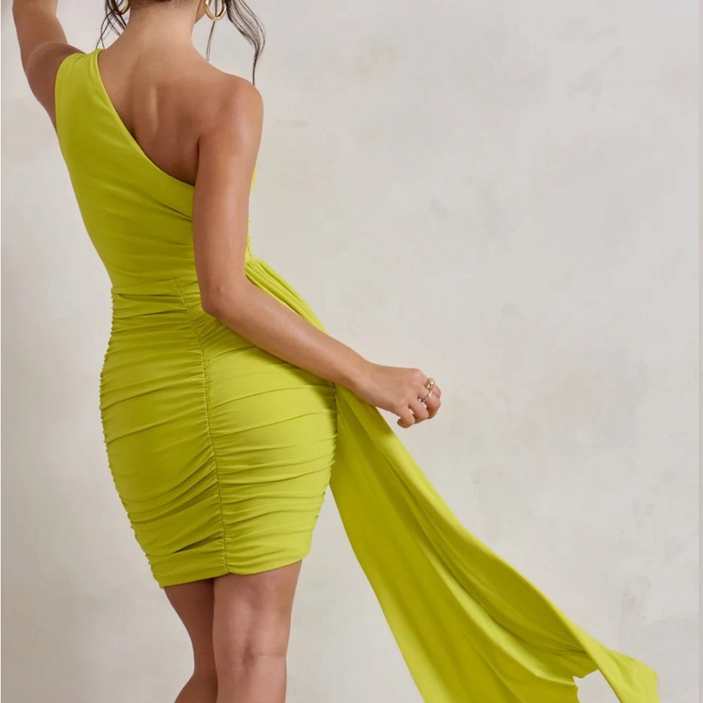LIME GREEN ONE SHOULDER RUCHED MINI DRESS WITH STATEMENT DRAPE
